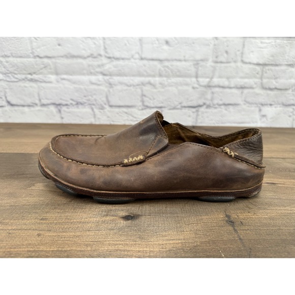 OluKai Moloa Brown Leather Slip On Loafer Collapsable Back Shoes Mens Size 9.5 - Picture 8 of 11